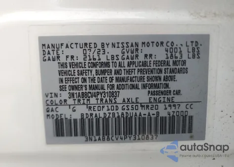 2023 Nissan Sentra Sv из США, поврежденный, VIN 3N1AB8CV4PY310837